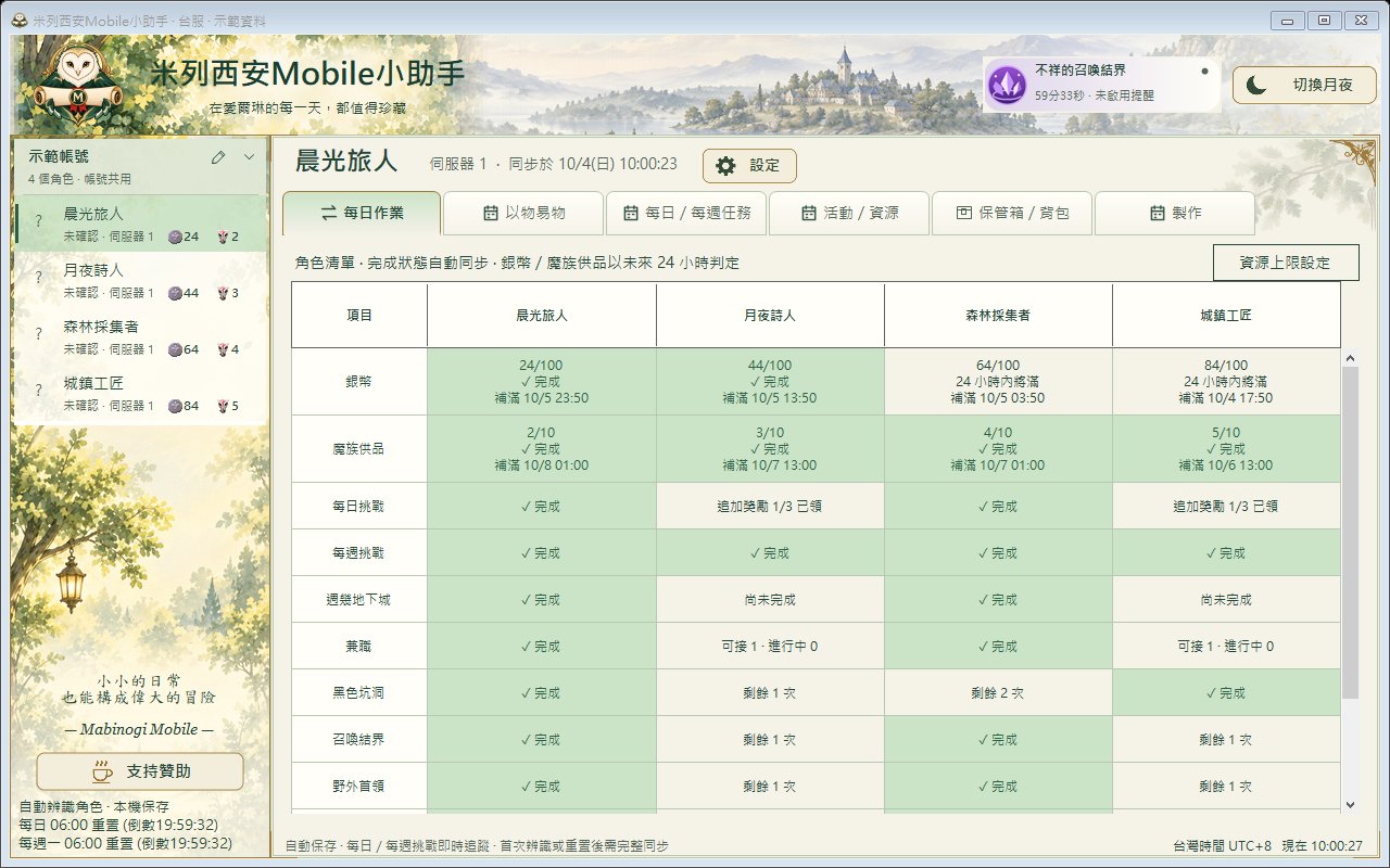 晨光模式的 MMH 主介面,展示虛構角色與日常作業